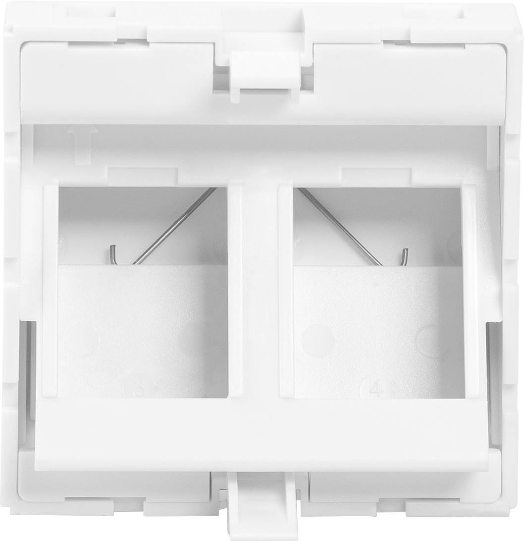 Biała, kwadratowa skrzynka modułowa z dwoma pustymi, prostokątnymi gniazdami, gotowa do zamontowania złączy, takich jak gniazda LAN lub telefoniczne.