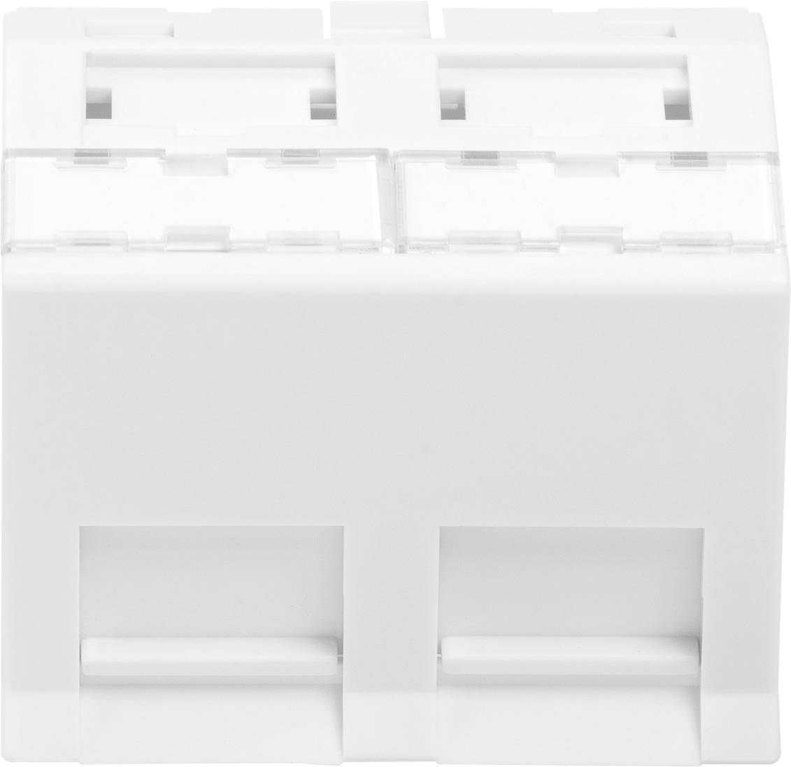 Biały elektryczny element z dwoma szczelinami u góry i u dołu. Może służyć jako moduł przyłączeniowy lub połączeniowy.