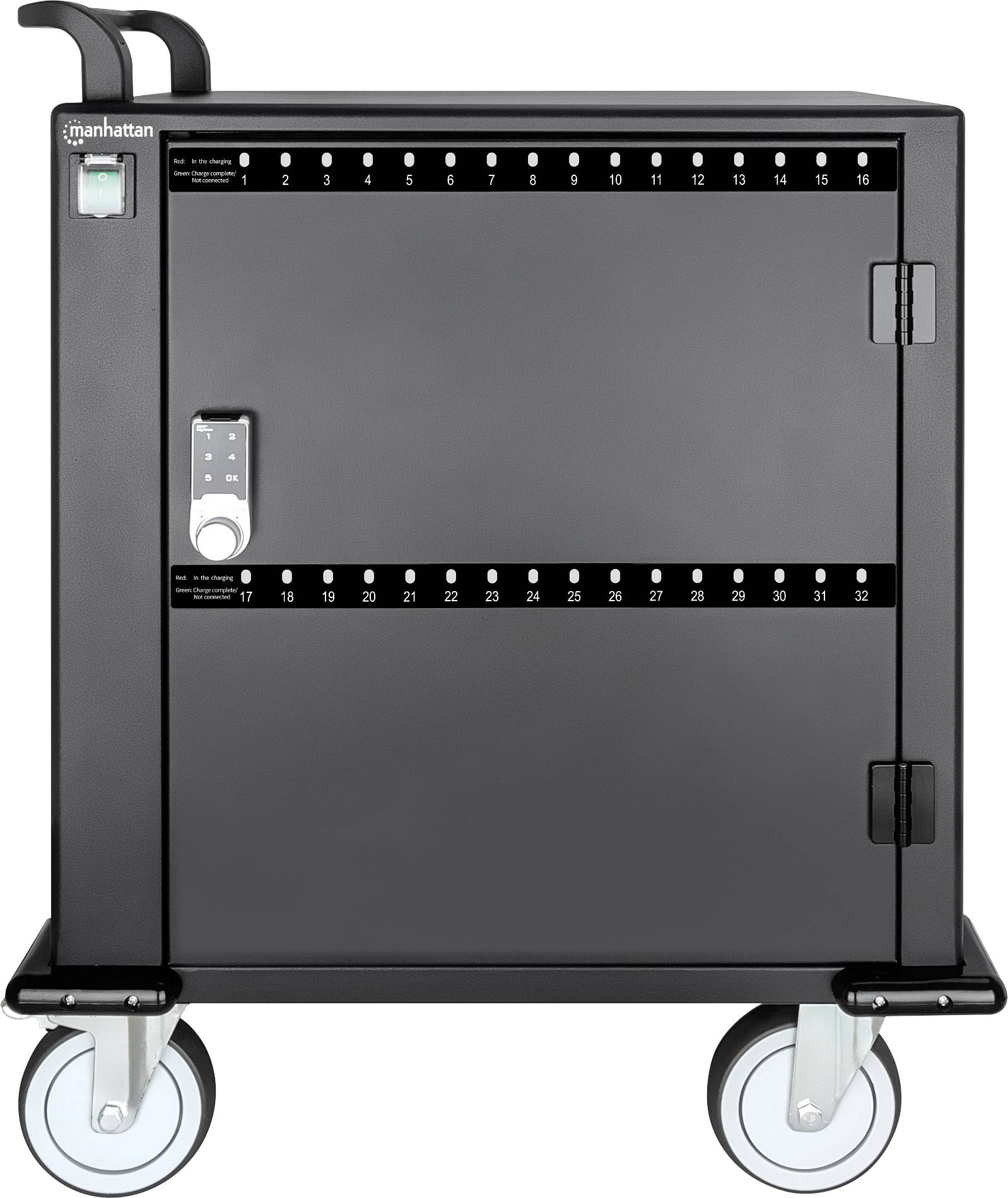 Mobilny czarny wózek na sprzęt z czterema kółkami, zamykanymi drzwiami oraz ponumerowanymi gniazdami na urządzenia elektroniczne.