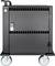 Mobilny czarny wózek na sprzęt z czterema kółkami, zamykanymi drzwiami oraz ponumerowanymi gniazdami na urządzenia elektroniczne.