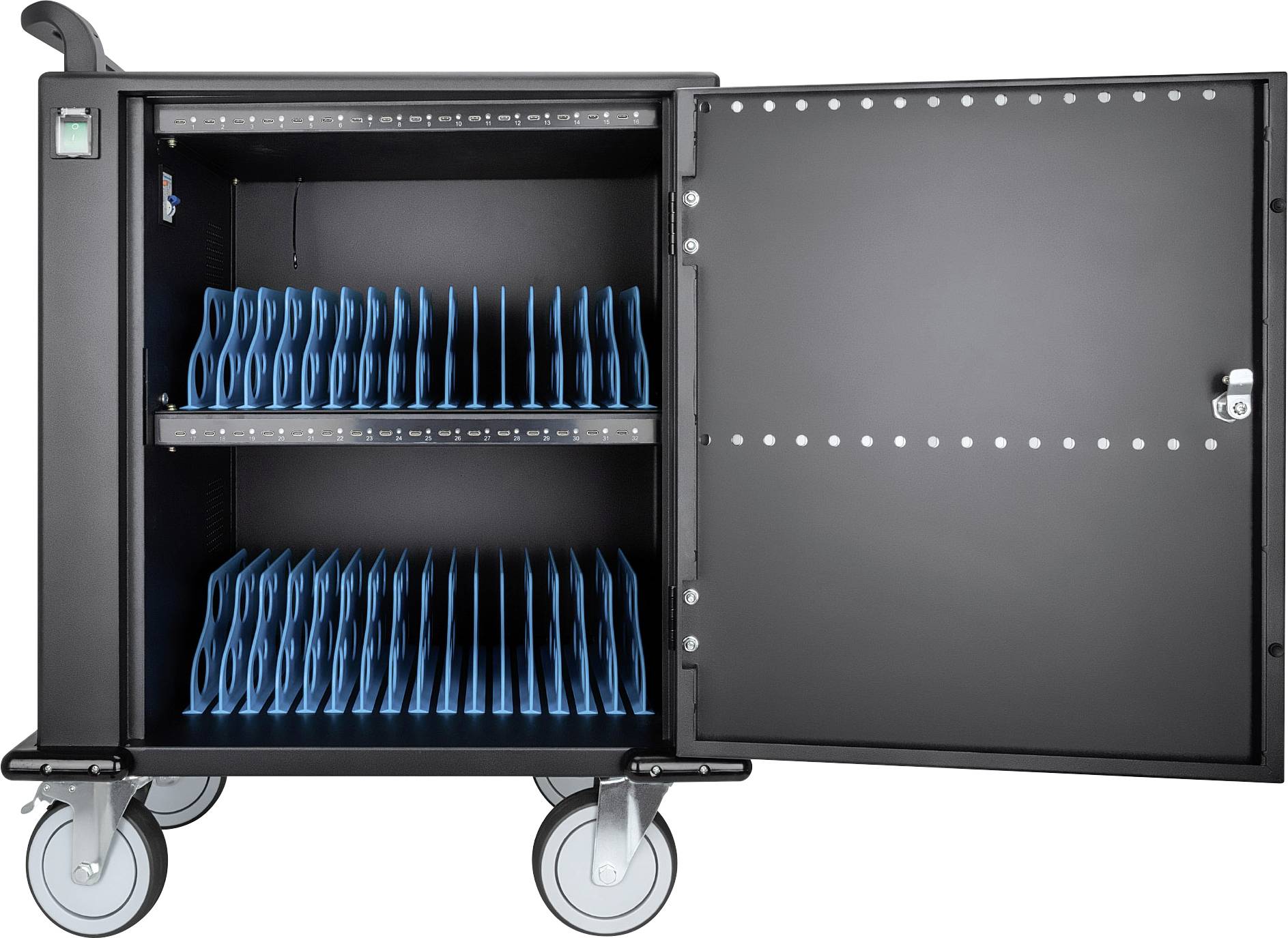 Otwarty mobilny szafka do ładowania z niebieskimi przegródkami na laptopy lub tablety. Duże koła zapewniają łatwą mobilność.