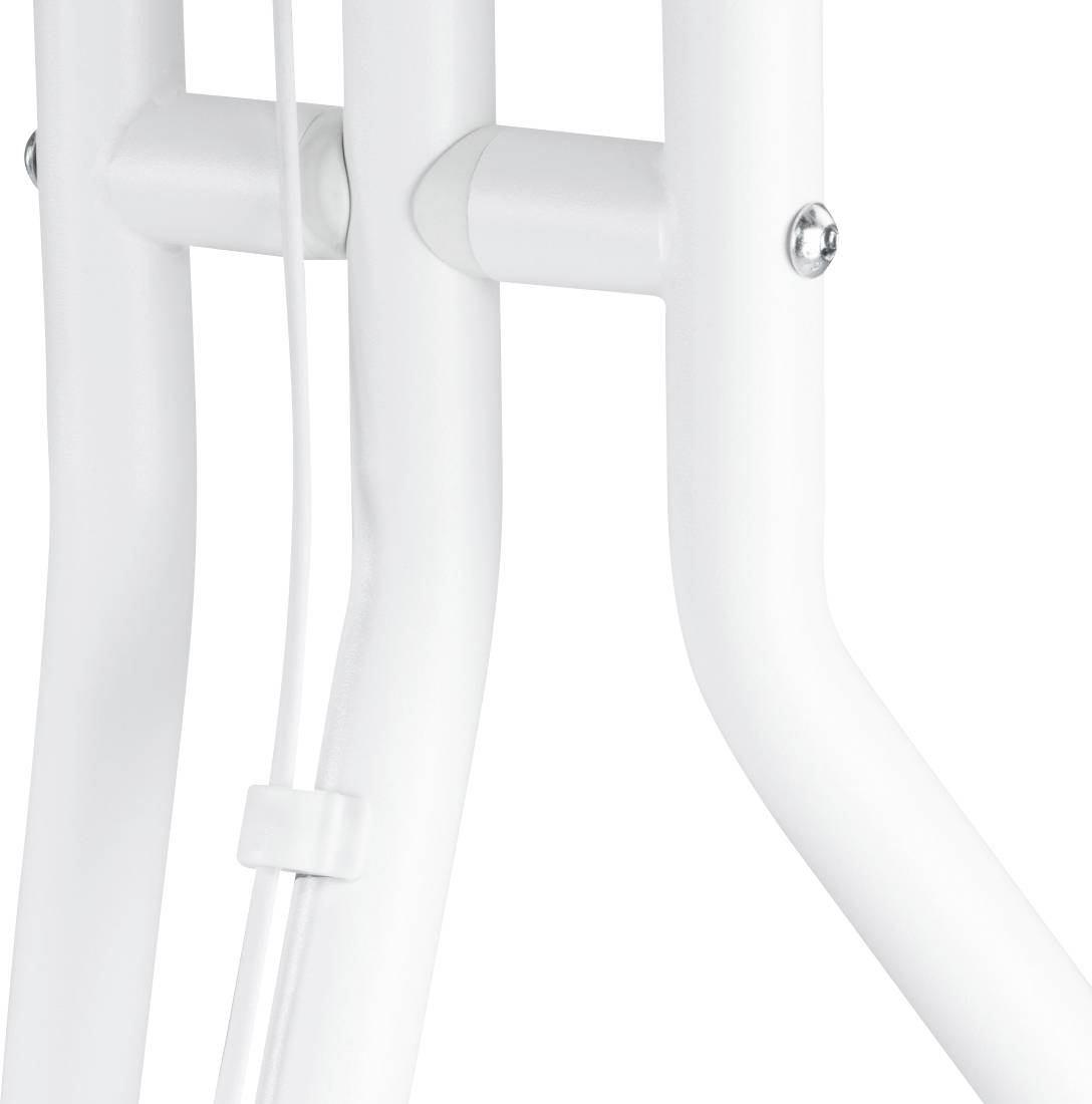 Biała metalowa rama ze stalowymi prętami o okrągłym przekroju i śrubami. Kabel biegnie wzdłuż prętów.