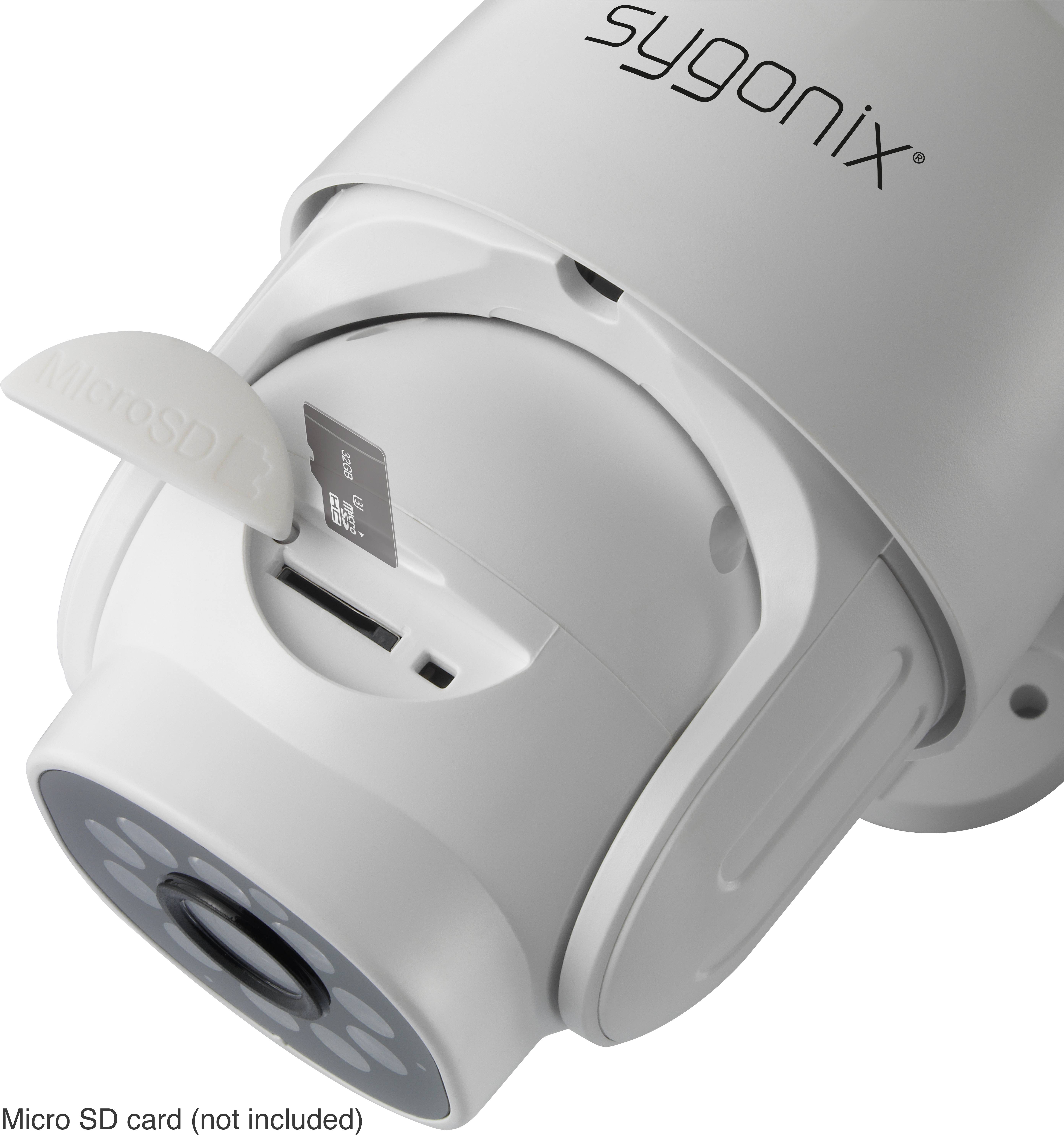 Biała kamera monitoringu z otwartym gniazdem karty Micro-SD, pokazująca sposób włożenia karty.