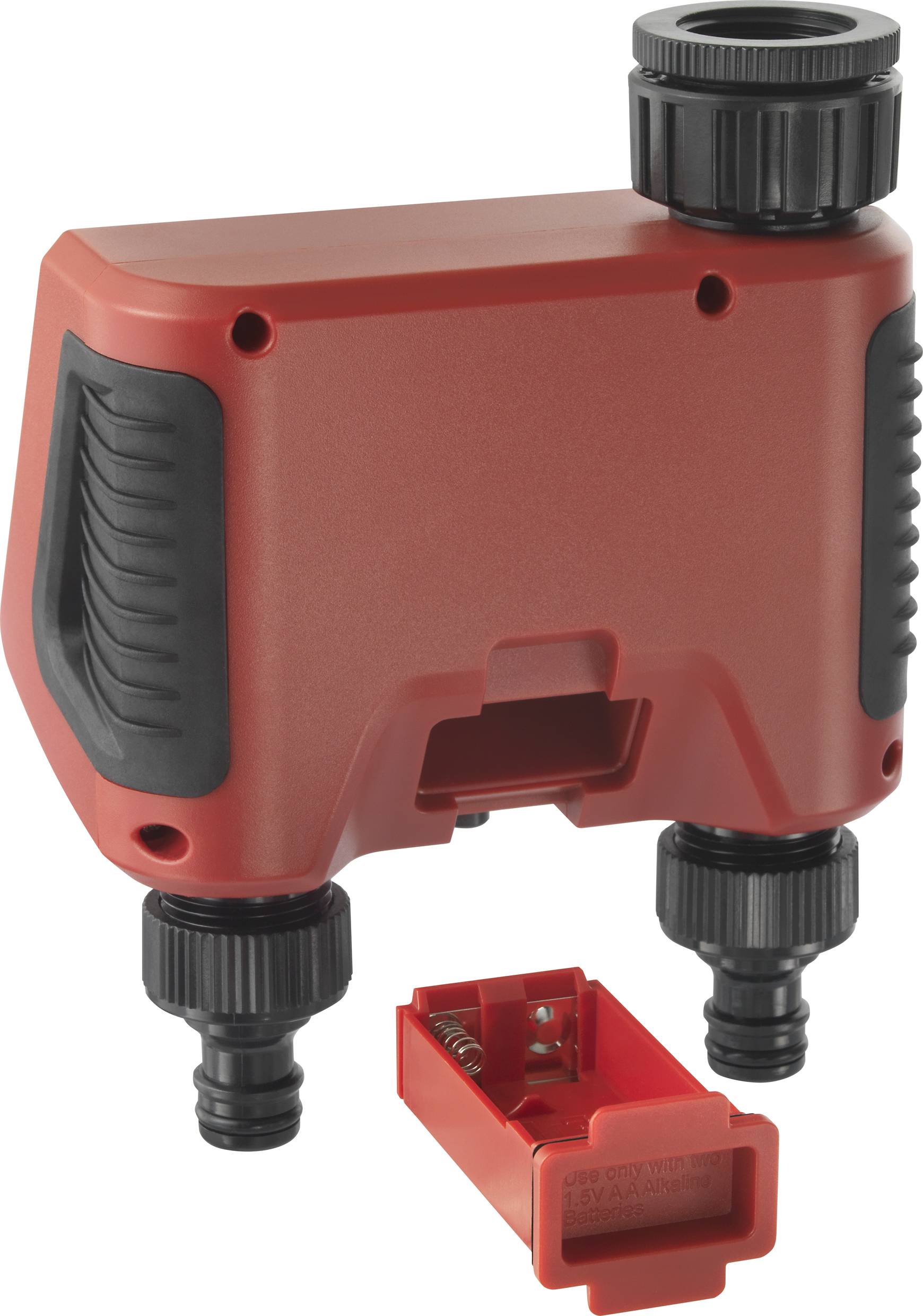 Czerwona pompa wodna z czarnymi przyłączami, rozpoznawalna przez otwarty czerwony pokrywę komory baterii na pierwszym planie.