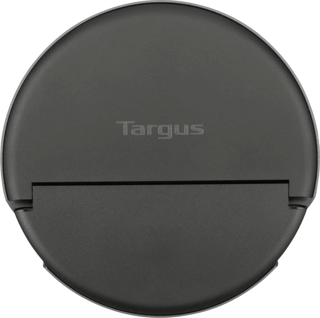 Okrągłe, czarne urządzenie z napisem 'Targus' na górnej powierzchni, prawdopodobnie pokrywa lub stacja bazowa.