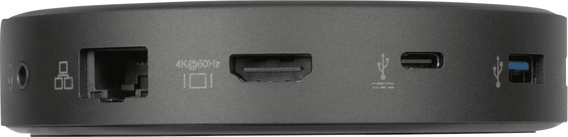 Czarne urządzenie elektroniczne z wieloma złączami: Ethernet, HDMI, USB-C i USB.