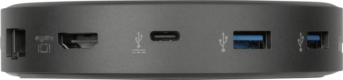 Czarny adapter techniczny z wieloma portami: HDMI, USB-C i USB-A. Zaprojektowany do podłączania różnych urządzeń.