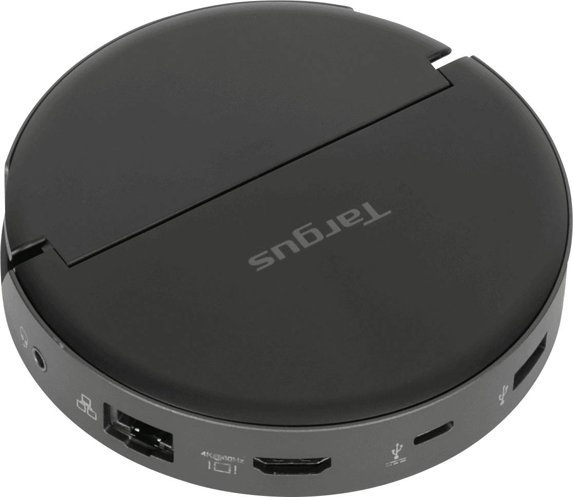Czarny, okrągły hub USB firmy Targus z wieloma portami dla urządzeń USB, HDMI i innymi interfejsami.