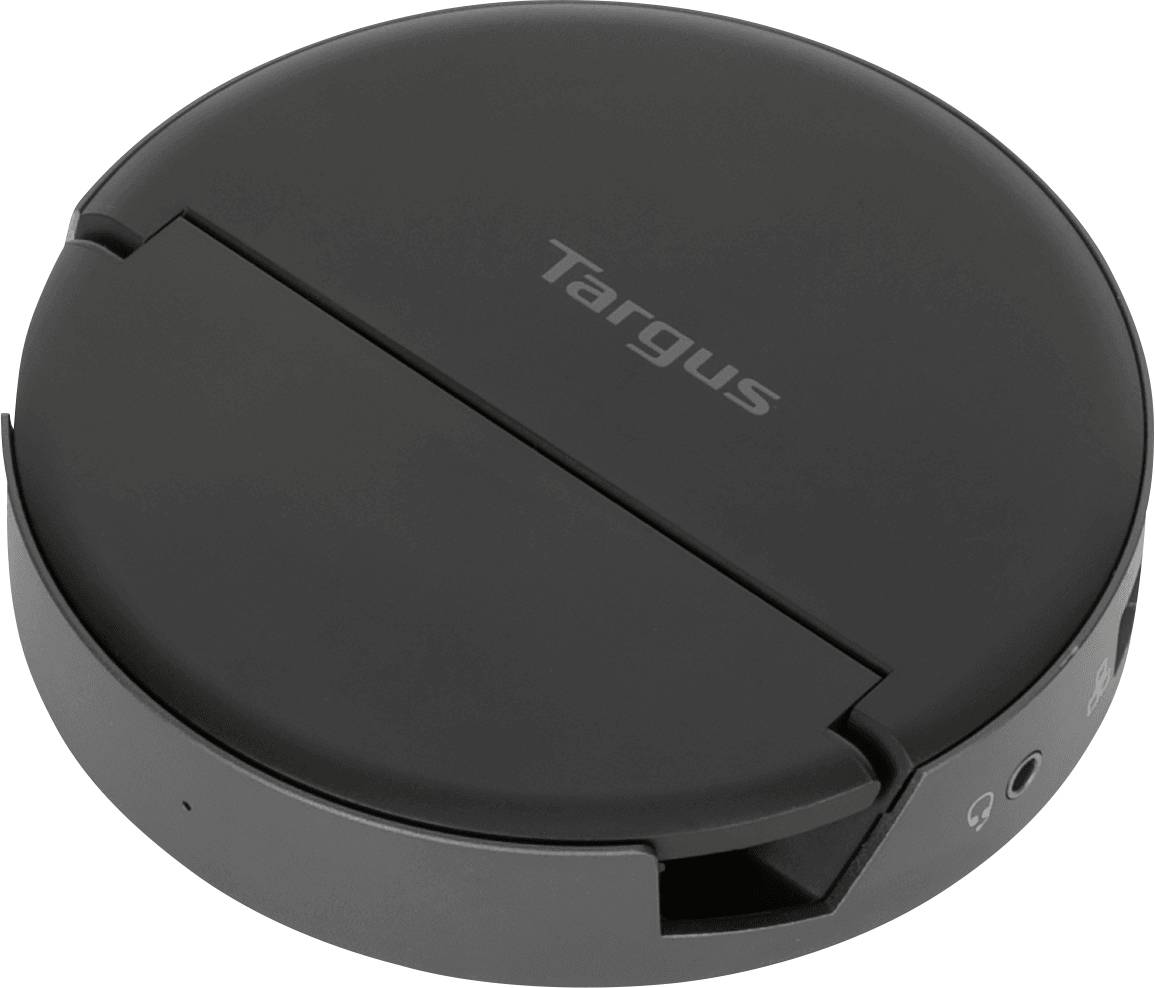 Czarny, okrągły sprzęt elektroniczny z napisem 'Targus' na górze, posiadający złącza z boku.