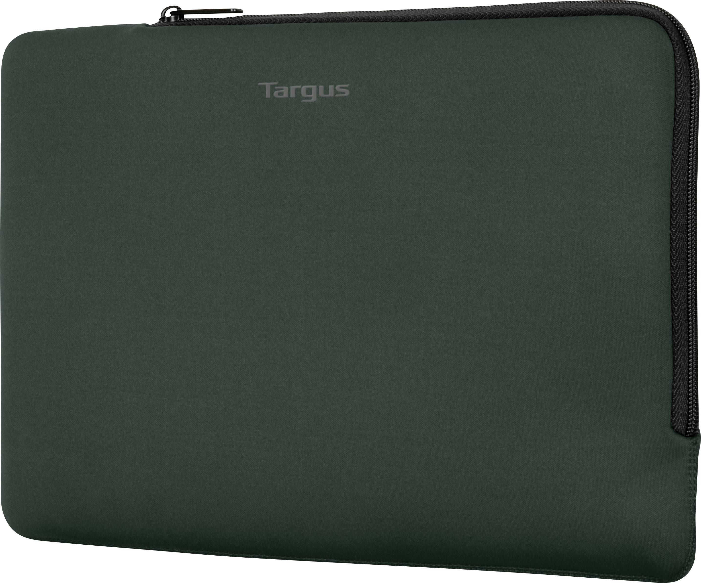 Ciemnozielone etui z zamkiem błyskawicznym, odpowiednie dla laptopów. Nadruk 'Targus' na przedniej stronie.