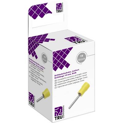 Opakowanie zawiera 15 izolowanych tulejek końcówek przewodów, żółtych, o długości 14 mm firmy TRU Components. Informacje o produkcie są przedstawione na opakowaniu.