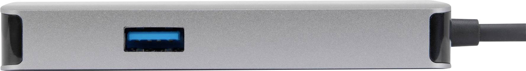 Srebrny hub USB z niebieskim złączem USB, sfotografowany od przodu.