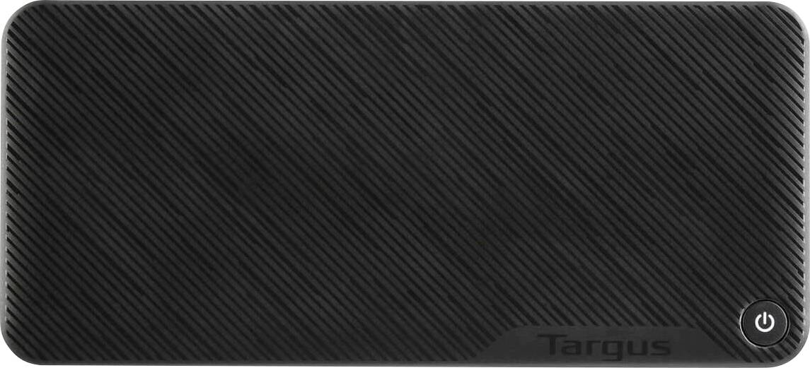 Czarna przenośna powerbank z fakturowanym wzorem, marki Targus, z małym przełącznikiem włączania/wyłączania w dolnym prawym rogu.