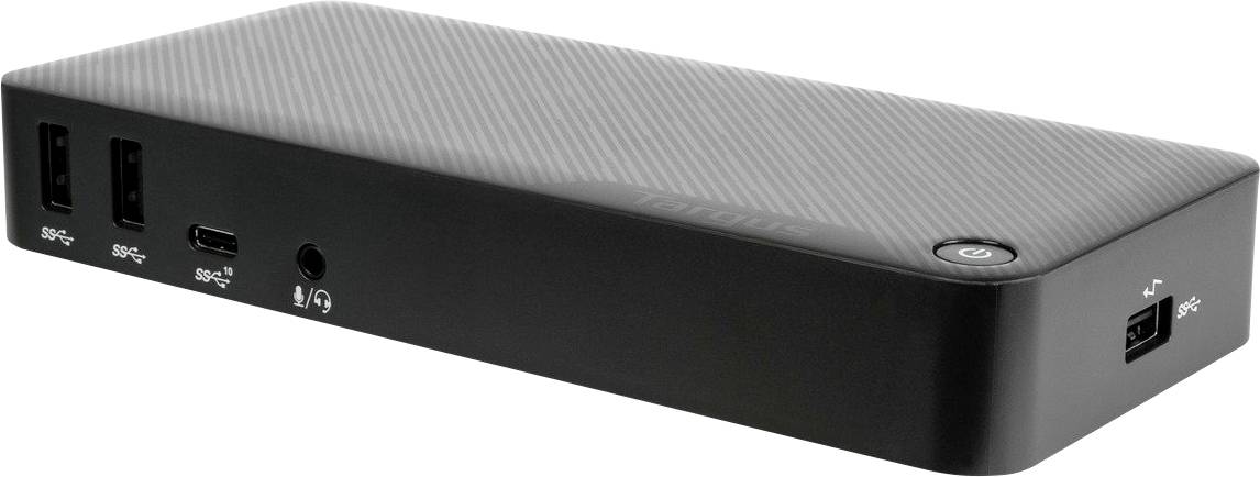 Czarna stacja dokująca z wieloma portami USB i gniazdem słuchawkowym. Odpowiednia do podłączania urządzeń do komputera.