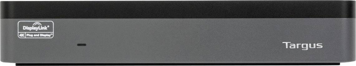 Czarne i szare urządzenie elektroniczne z napisem 'DisplayLink 4K Plug and Display' oraz 'Targus'.