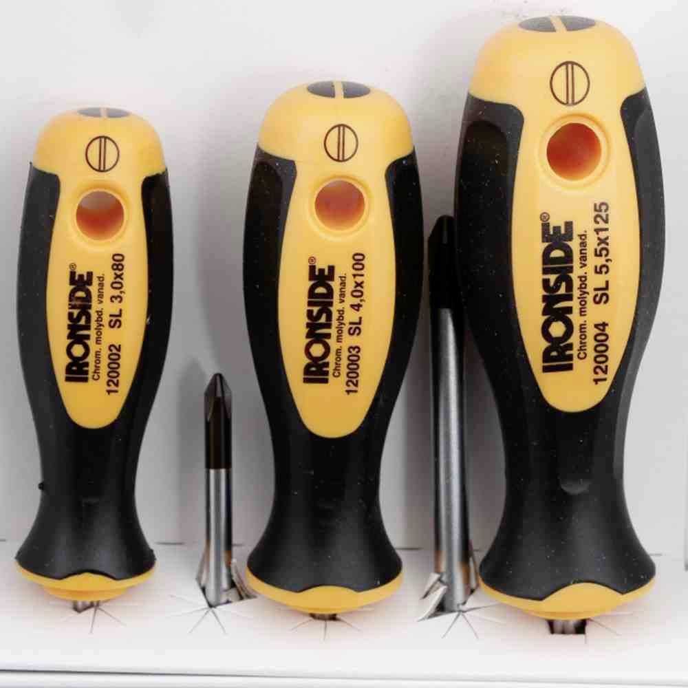 Trzy wkrętaki z rękojeściami w kolorze pomarańczowo-czarnym, przedstawione z przodu w różnych rozmiarach. Oznaczenia: 'SL 3,0x80', 'SL 4,0x100', 'SL 5,5x125'.