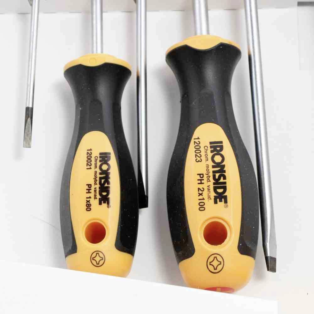 Dwa wkrętaki, jeden z płaskim grotem i jeden z krzyżowym grotem, z czarnymi uchwytami i żółtymi akcentami.