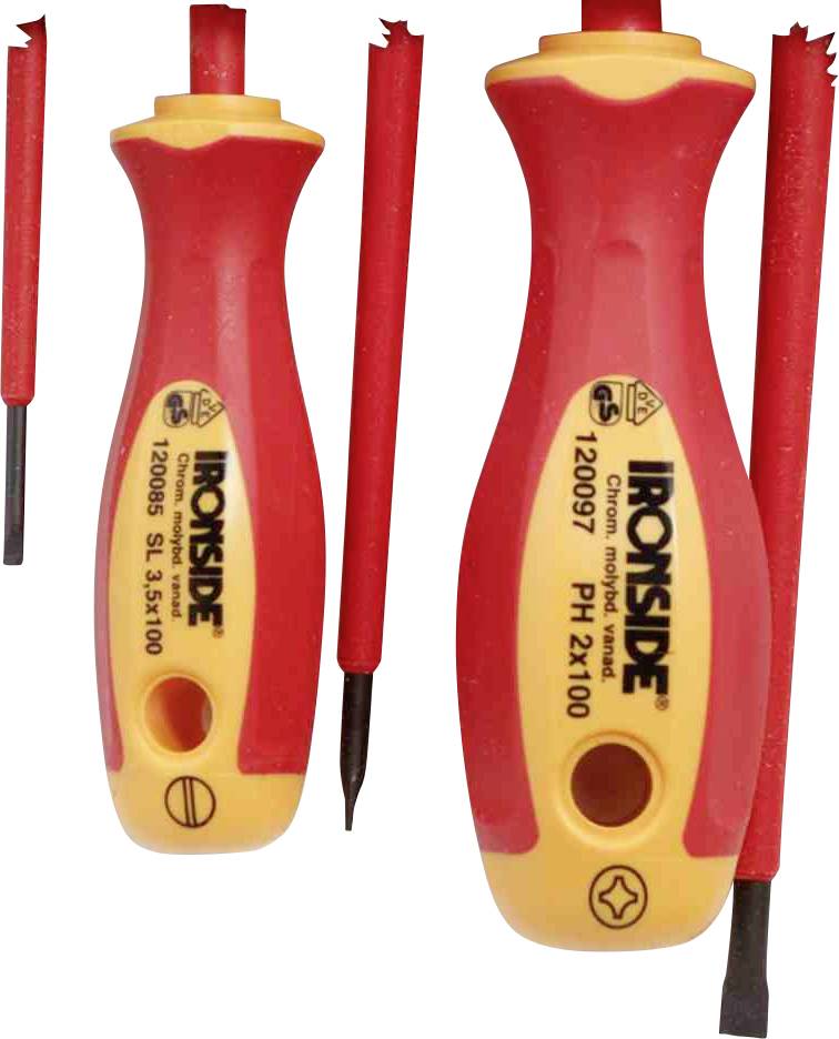 Dwa osobne wkrętaki z czerwonymi, antypoślizgowymi uchwytami. Lewy ma płaski czubek, prawy zakończony jest krzyżowym rowkiem.