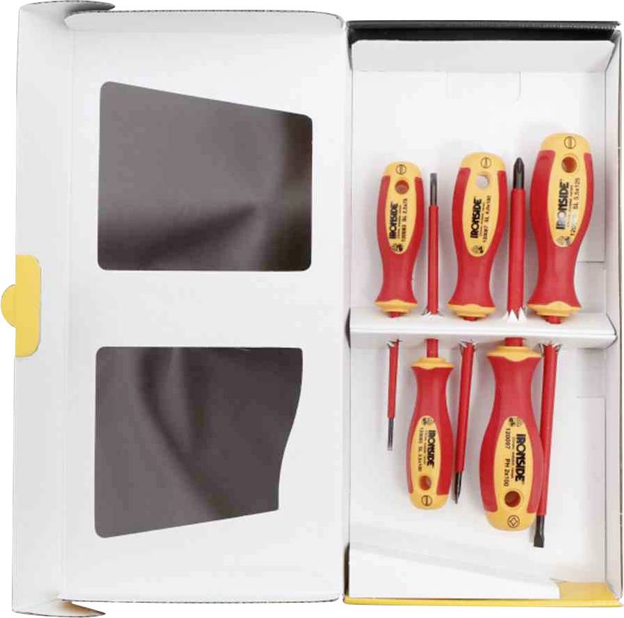 Zestaw wkrętaków składający się z sześciu izolowanych wkrętaków w białym, otwartym kartonie, idealny do prac elektrycznych.