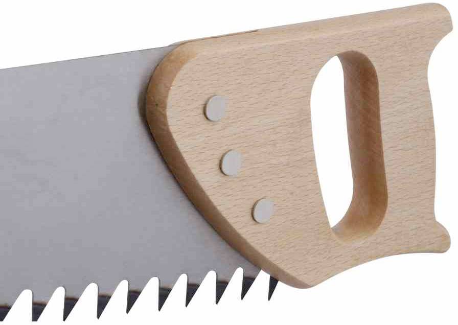 Ręczna piła z drewnianą rękojeścią i metalowym ostrzem, odpowiednia do cięcia drewna.