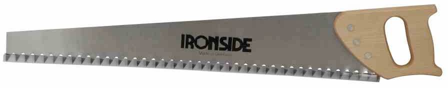 Piła ręczna z drewnianą rękojeścią i ostrym, ząbkowanym stalowym ostrzem, z widoczną nazwą marki 'IRONSIDE'.