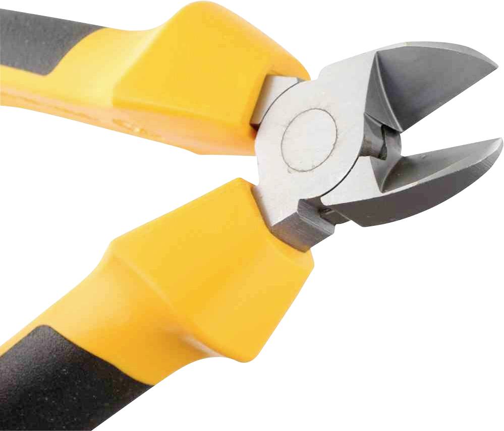Żółto-czarne szczypce tnące do drutu z ostrymi metalowymi szczękami, odpowiednie do cięcia przewodów i kabli.
