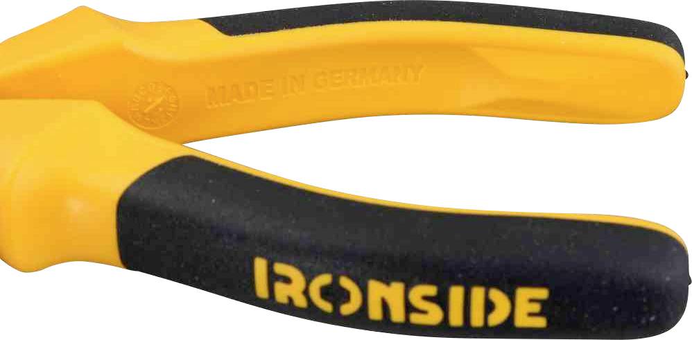 Szczypce z żółtymi i czarnymi uchwytami, na których wydrukowany jest napis 'MADE IN GERMANY' oraz 'IRONSIDE'.