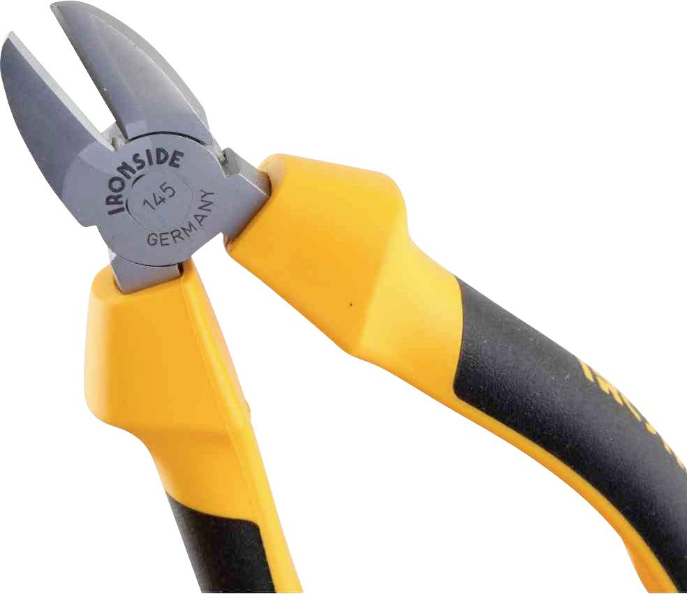 Szczypce tnące z uchwytem pomarańczowo-czarnym, oznaczone napisem 'IRONSIDE 145 GERMANY'. Odpowiednie do prac związanych z cięciem w elektronice.