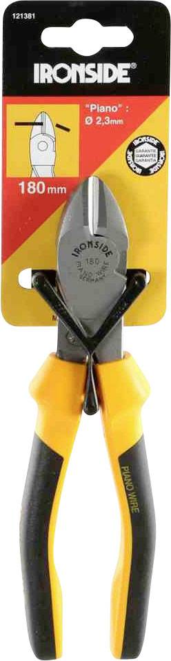 Obcinaczki boczne Ironside, 180 mm, do drutów 'Piano' o grubości 2,3 mm, uchwyty w kolorach czarnym i żółtym, zamontowane na zawieszce wystawowej.