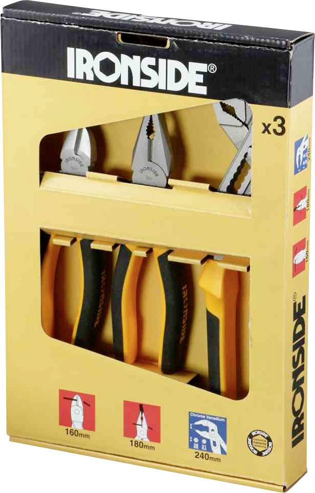 Zestaw narzędzi IRONSIDE w opakowaniu zawierającym trzy szczypce: szczypce uniwersalne, szczypce płaskie oraz szczypce boczne. Uchwyty w kolorach czarnym i pomarańczowym.