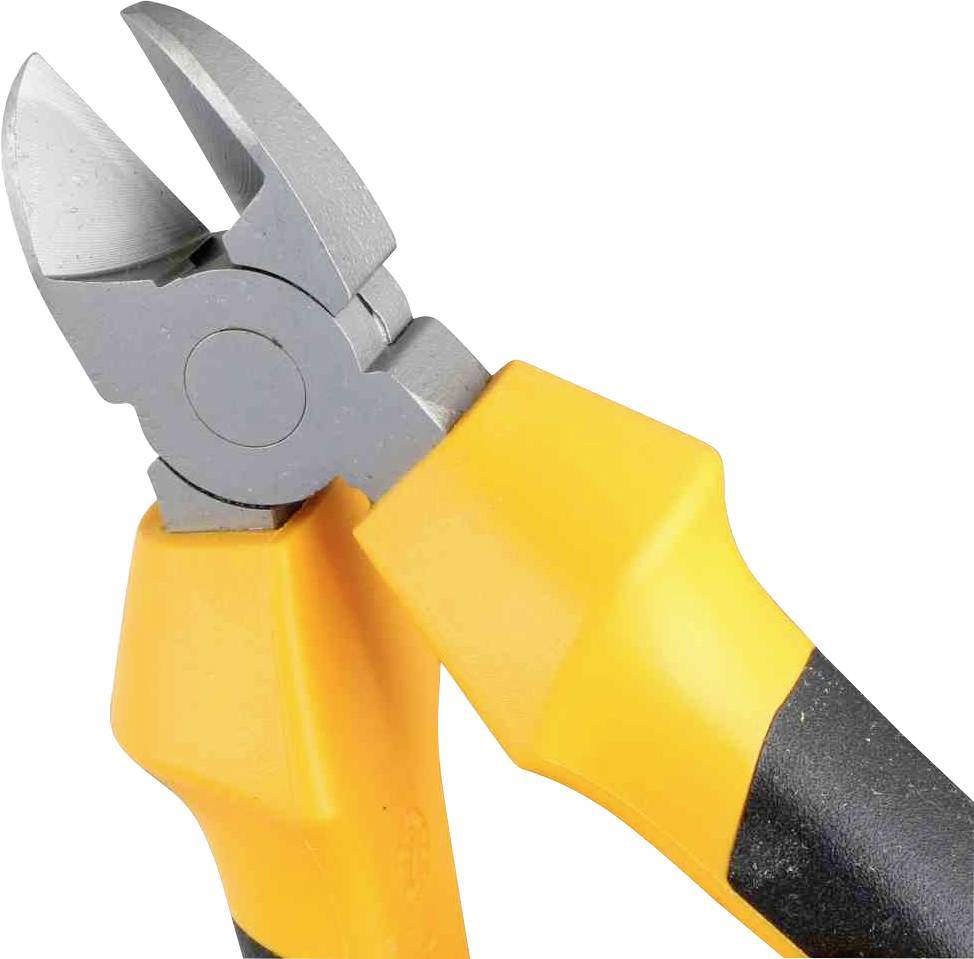 Obcinaczki boczne z uchwytem w kolorze żółto-czarnym, odpowiednie do cięcia drutu lub kabli.