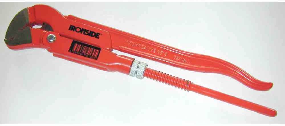 Czerwony klucz hydrauliczny z regulowaną rękojeścią, przeznaczony do chwytania i obracania złączy rurowych.