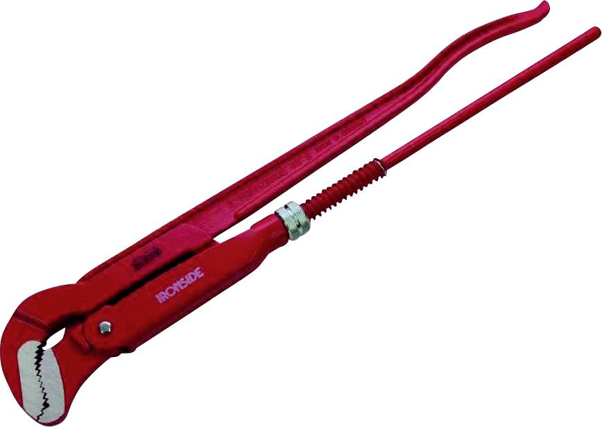 Czerwony klucz do rur z regulowaną szczęką, przydatny do chwytania i obracania rur lub innych okrągłych przedmiotów.