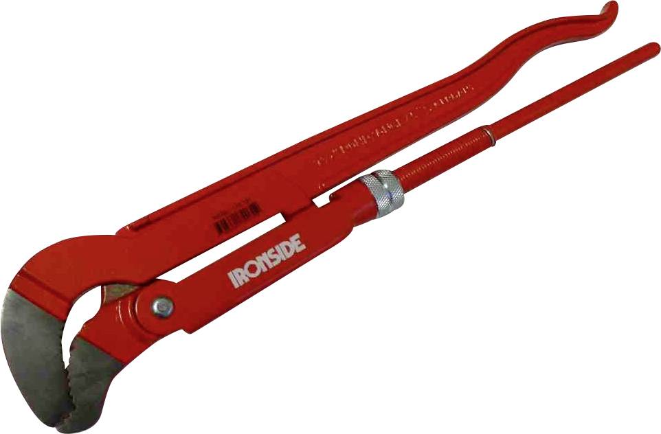 Czerwone szczypce do rur z zakrzywionym uchwytem i długą rękojeścią, odpowiednie do prac przy rurach i osprzęcie hydraulicznym.