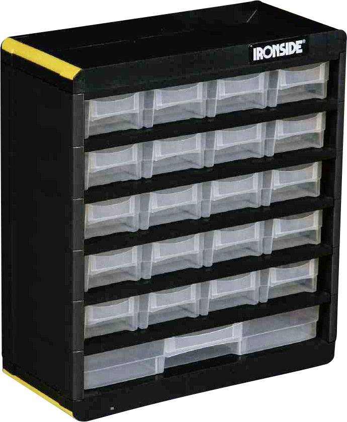 Czarna, żółta i przezroczysta szafka magazynowa z wieloma małymi szufladkami. Na górze widnieje napis 'IRONSIDE'.