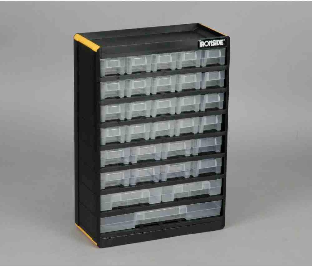 Czarny organizer z żółtymi akcentami, z dwunastoma przezroczystymi szufladkami, z napisem 'Ironside' na górze.