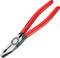 Czerwone szczypce uniwersalne z czarnym przegubem rękojeści, nadają się do chwytania, cięcia i gięcia drutu oraz innych materiałów.