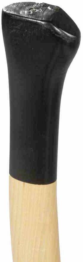 Drewniany topór z czarną rękojeścią; fokus na górnej części głowicy topora.