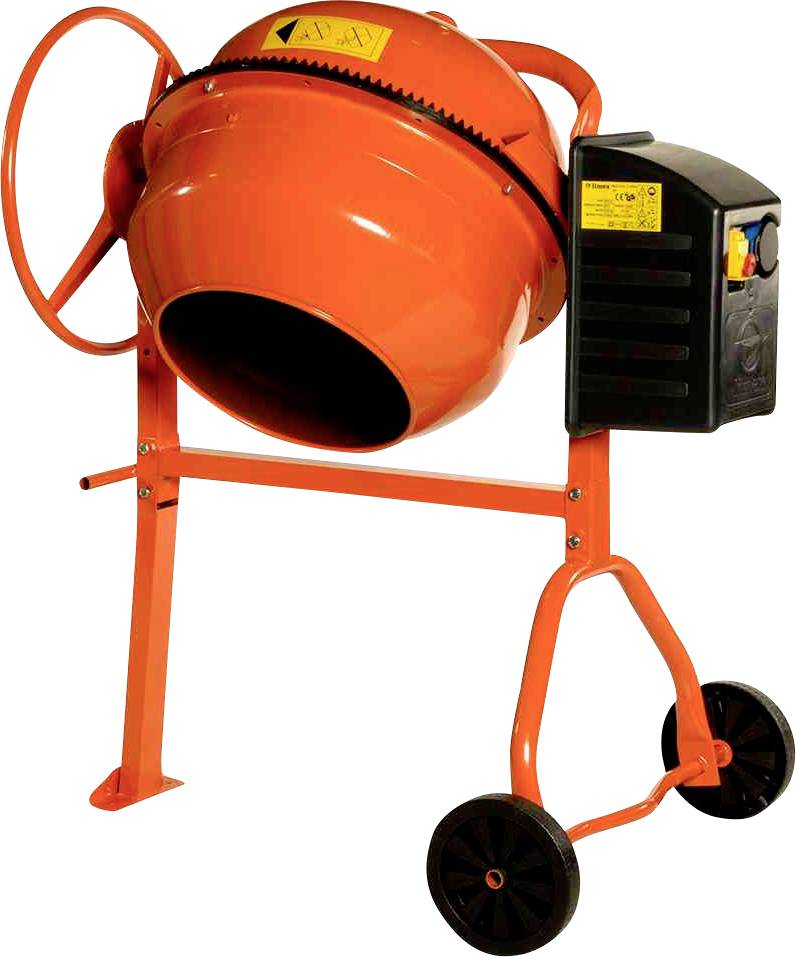 Pomarańczowy betonomieszarka z czarnym panelem sterowania i dwoma kołami, gotowa do pracy na budowie.