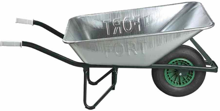 Taczka srebrnego koloru z zielonym kołem i dwoma czarnymi uchwytami.