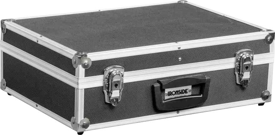 Stabilna, prostokątna walizka transportowa z metalową ramą i uchwytem. Idealna do bezpiecznego przewożenia delikatnych przedmiotów.