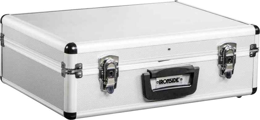 Srebrny, prostokątny pojemnik metalowy z czarnymi narożnikami i dwoma zapięciami z przodu, odpowiedni do przechowywania narzędzi lub dokumentów.