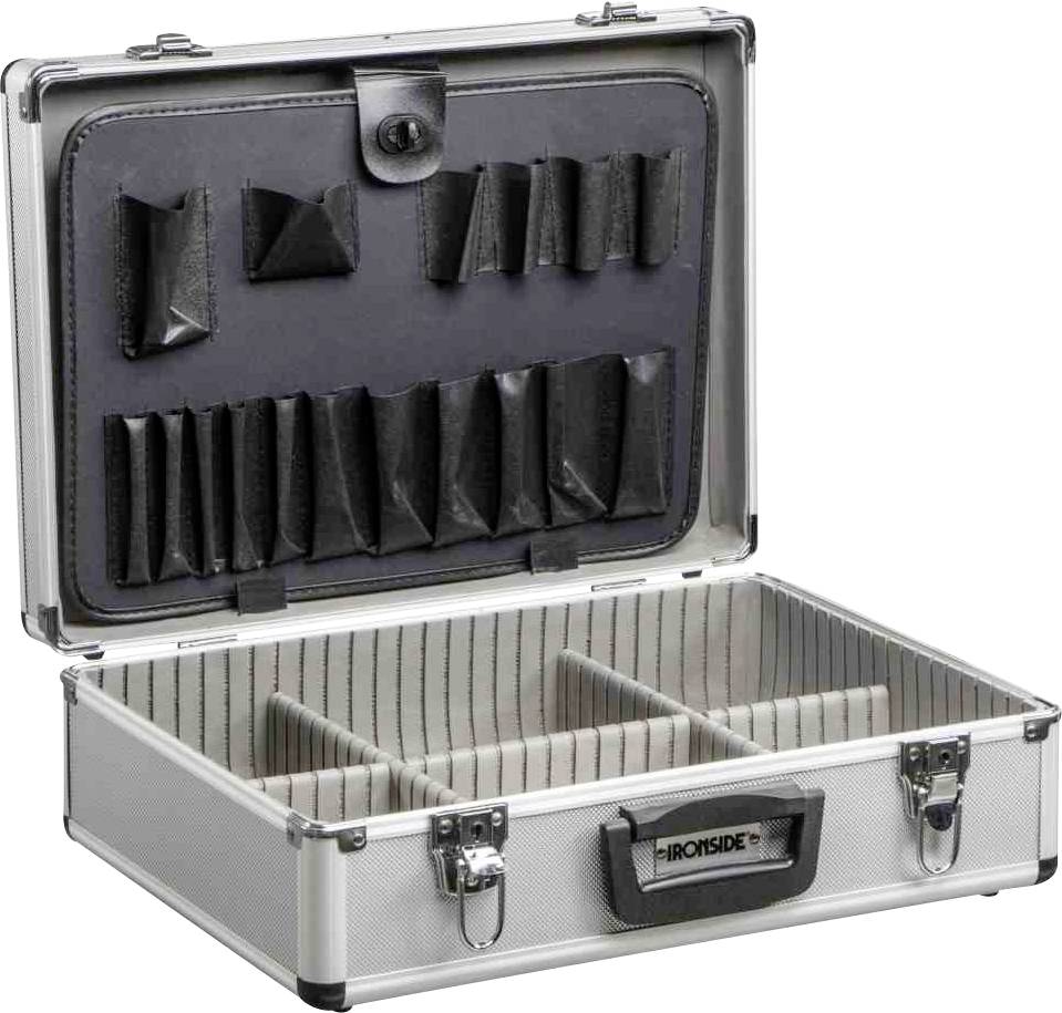 Otwarty srebrny kufer na narzędzia z wieloma czarnymi przegródkami w pokrywie oraz trzema podzielonymi sekcjami w dolnej części.