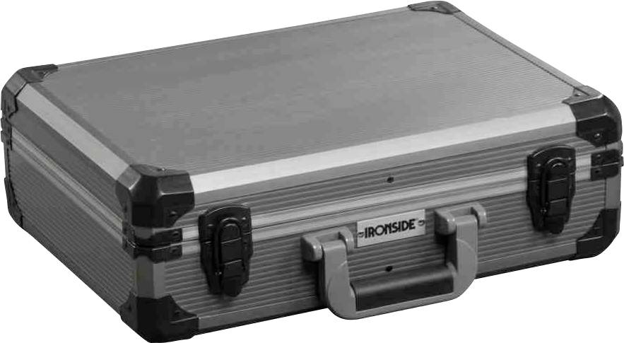 Srebrny kufer na narzędzia z wytrzymałymi czarnymi narożnikami, dwoma klamrami i uchwytem, oznaczony logo 'Ironside'.