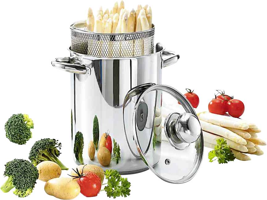 Wysoki, błyszczący garnek wypełniony koszyczkiem białych szparagów. Otoczony świeżymi warzywami, takimi jak pomidory, ziemniaki i brokuły.