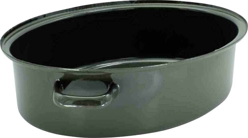 Owalny, czarny garnek żeliwny z dwoma uchwytami po bokach, wykonany z metalu. Idealny do duszenia i pieczenia w piekarniku.
