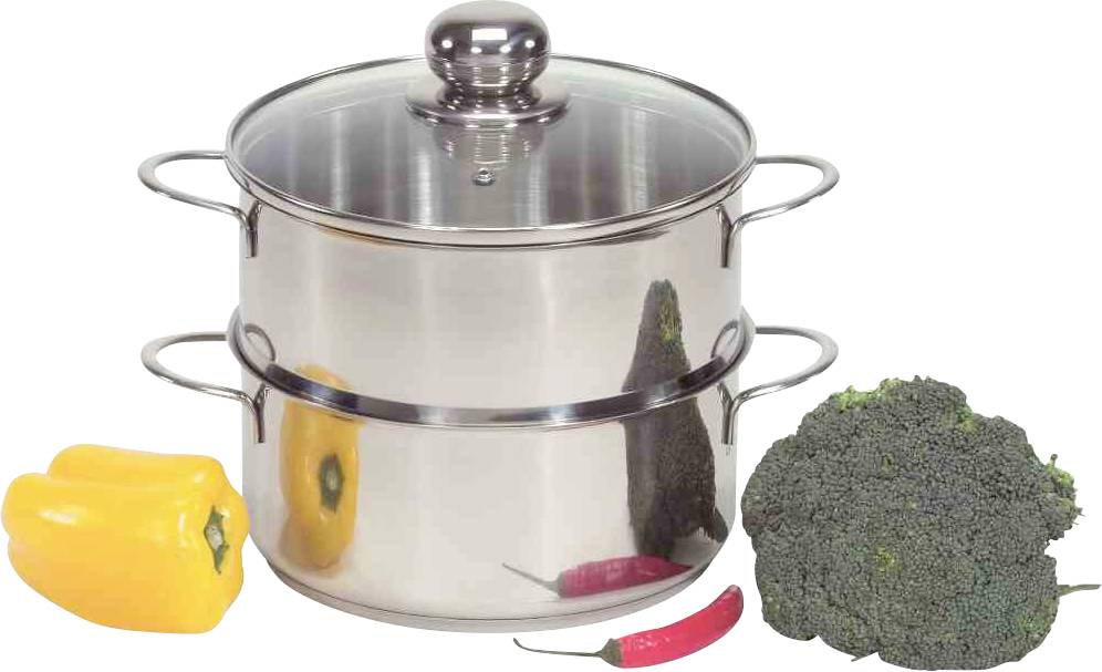 Stalowy parowar z pokrywką stoi obok żółtej papryki, różyczek brokułów i dwóch czerwonych chili.