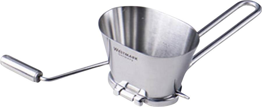 Stalowy młynek do przecierania z korbką, idealny do delikatnego rozcierania owoców i warzyw.