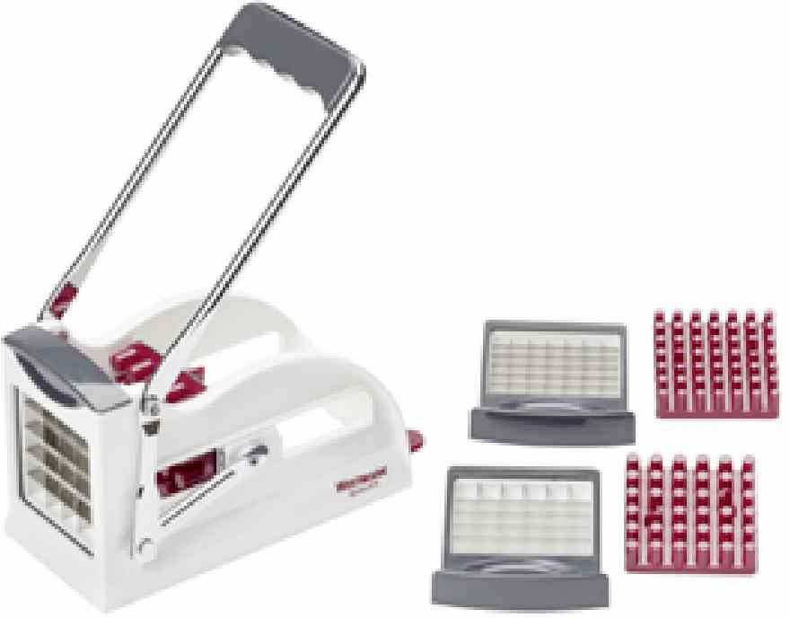 Biały krajalnik do ziemniaków z dźwignią, dwa wymienne wkłady siatkowe oraz akcesoria do czyszczenia są ułożone obok siebie.