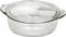Okrągła, przezroczysta szklana miska z pasującą pokrywką, odpowiednia do pieczenia lub przechowywania żywności.